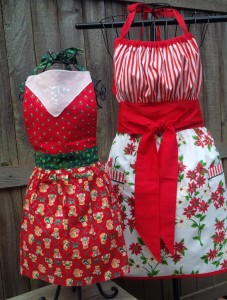 Our newest style, Josephine, in a retro stripe and poinsettia print, paired with another Anneliese child's apron. I love the sweet vintage handkerchief detail on the bodice!